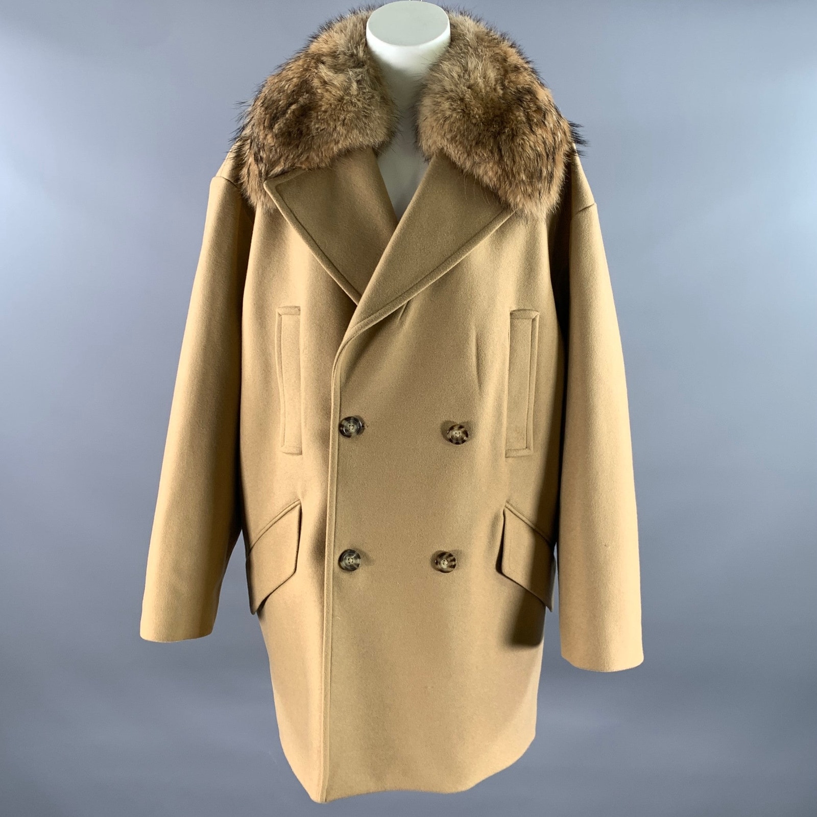 Michael By Michael Kors Size Xl Camel Wool Blend Fur Collar Double Breasted Coat